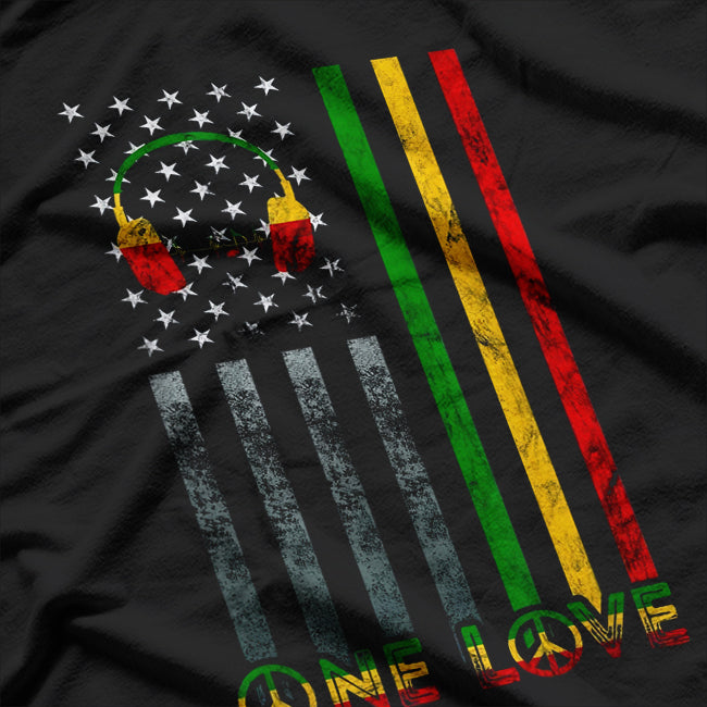 One Love USA American Flag Rasta Reggae Reggae Music Note T-Shirt
