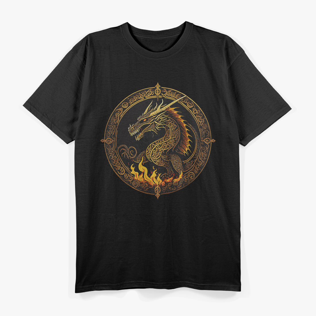 Dark Golden Fire Dragon A Blaze of Power and Mystique T-Shirt