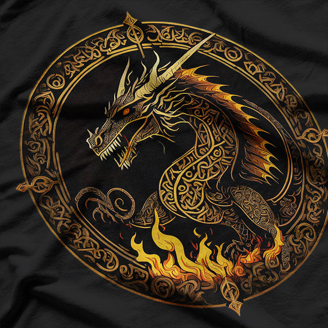 Dark Golden Fire Dragon A Blaze of Power and Mystique T-Shirt
