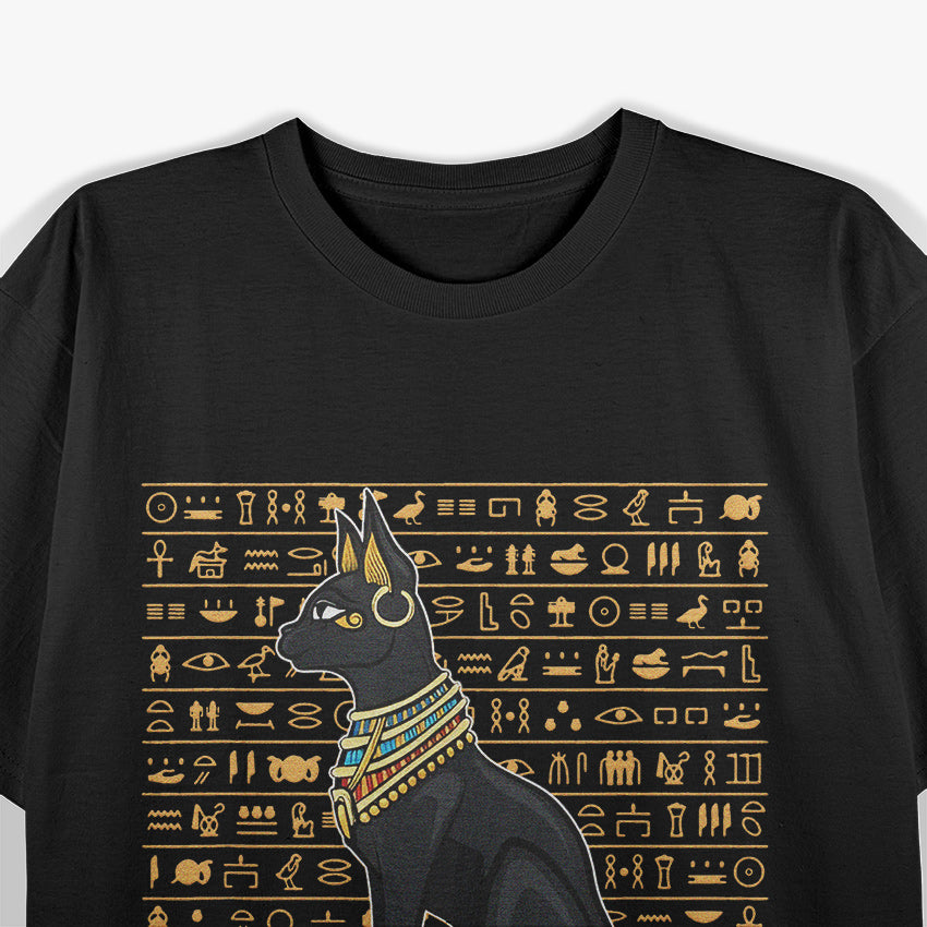 Cat Goddess Bastet Ancient Egyptian Hieroglyphs and Divine Power T-Shirt