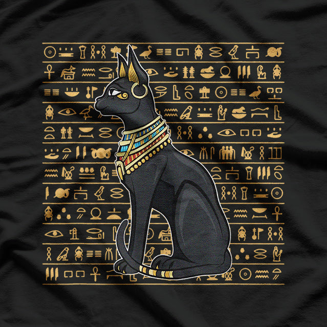 Cat Goddess Bastet Ancient Egyptian Hieroglyphs and Divine Power T-Shirt