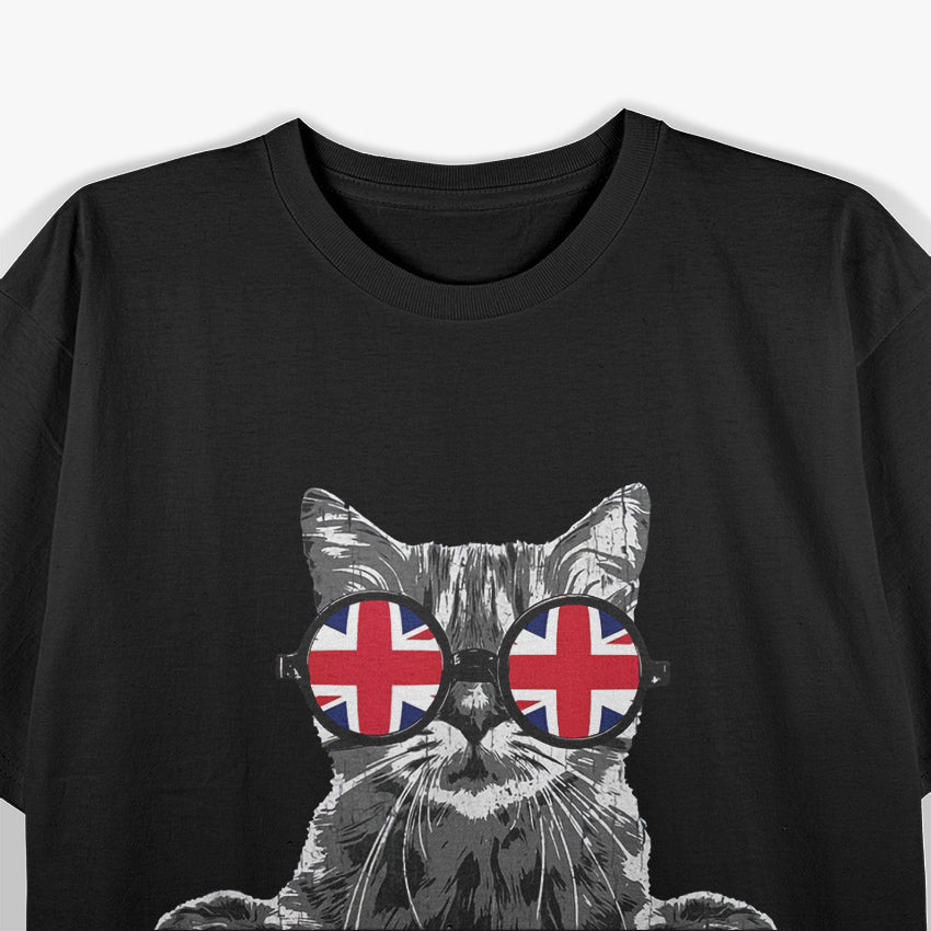 English Hipster Cat Camden Town London UK Flag Sunglasses T-Shirt