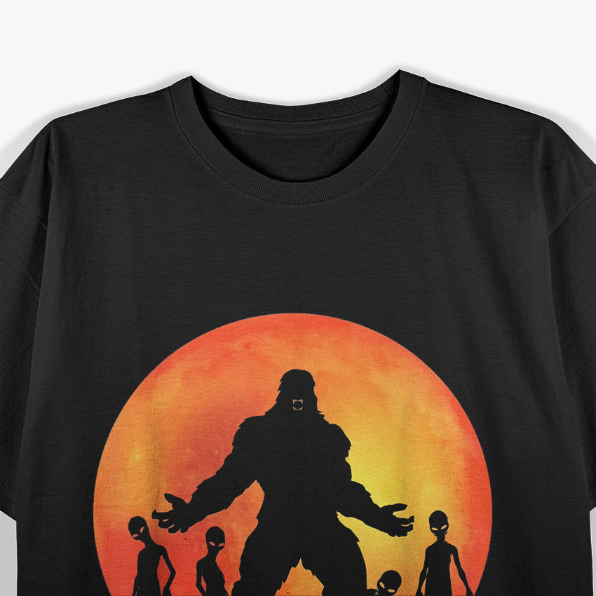 Bigfoot and Alien Mysterious Encounter Under the Moon T-Shirt