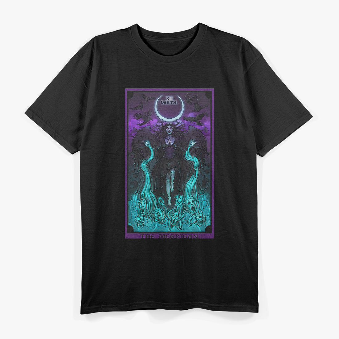 The Morrigan Death Tarot Card - Gothic Pagan Witch with Triple Moon Symbolism T-Shirt