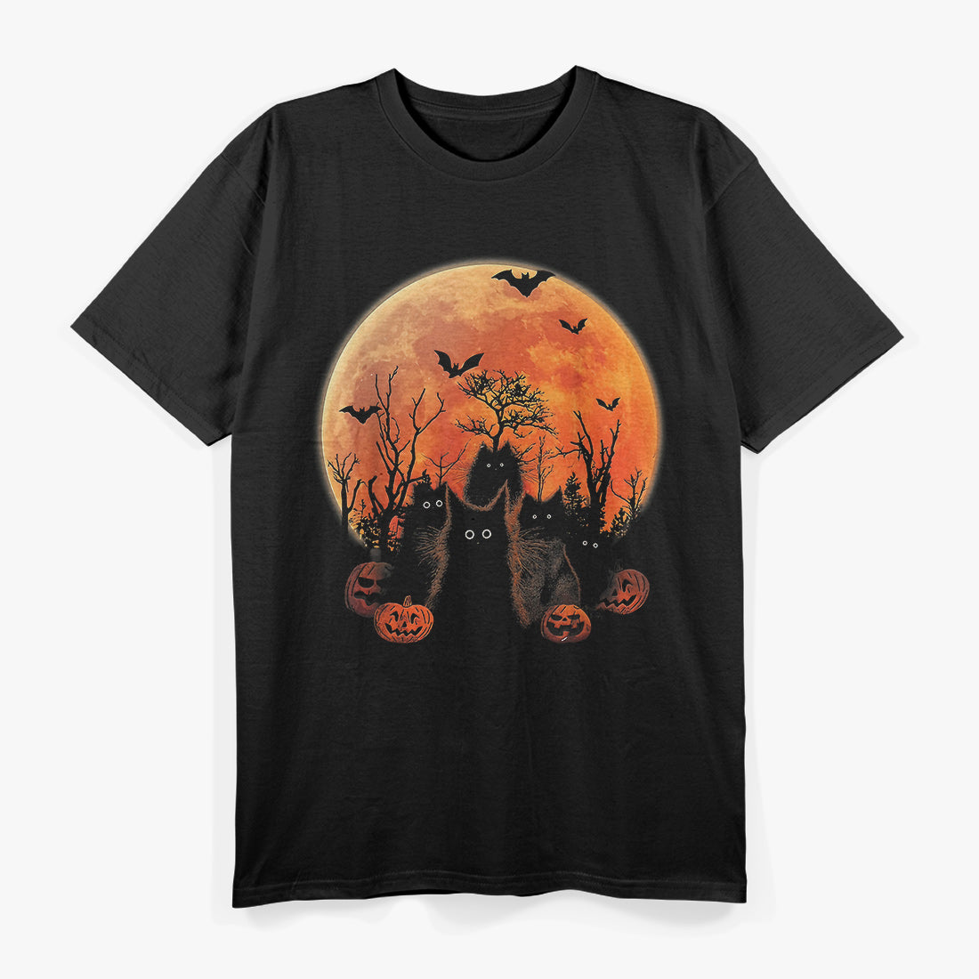 Black Cats, Moon, and Pumpkin Funny Halloween Horror Vibes T-Shirt