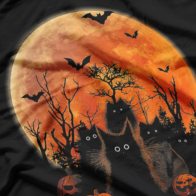 Black Cats, Moon, and Pumpkin Funny Halloween Horror Vibes T-Shirt