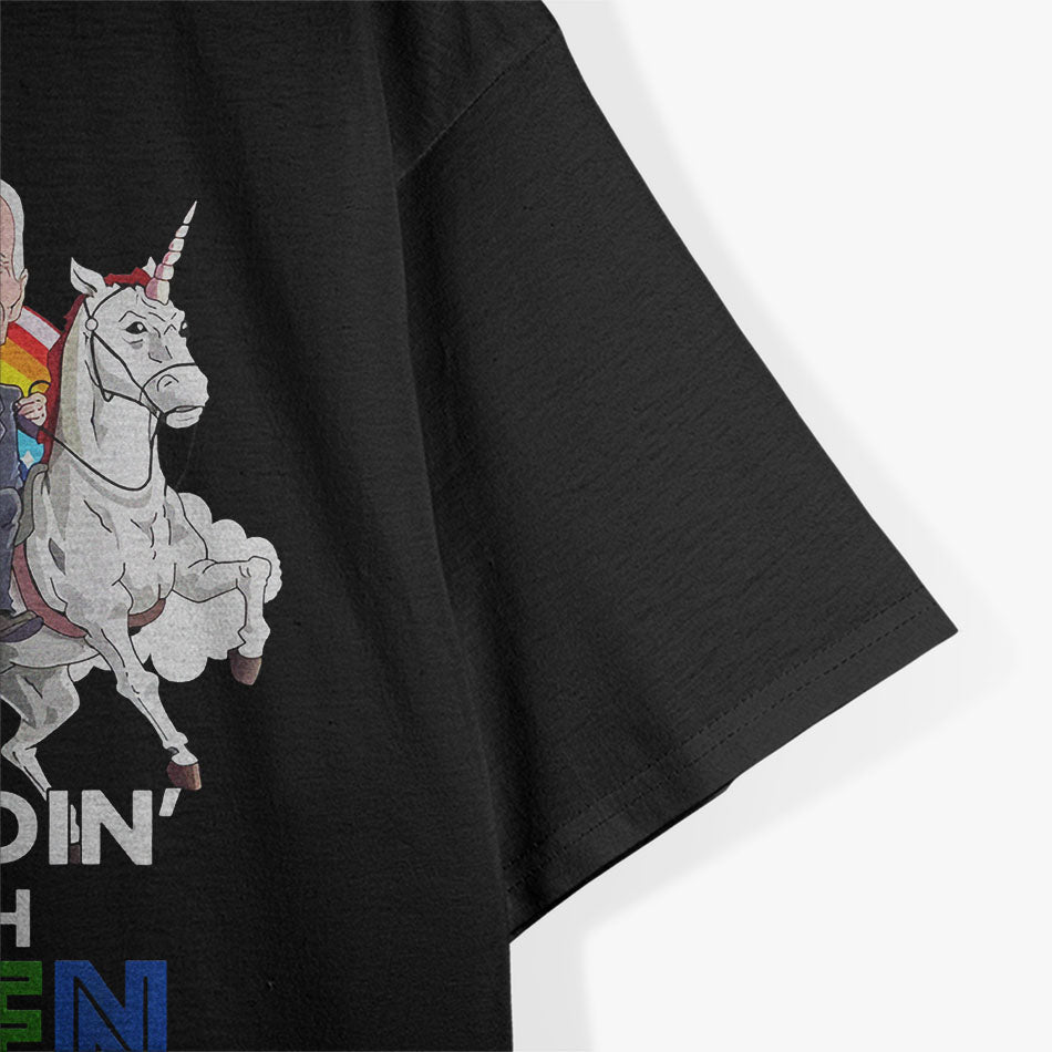 Ridin' with Biden American Flag and Rainbow Unicorn Fun T-Shirt