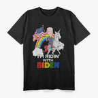 Ridin' with Biden American Flag and Rainbow Unicorn Fun T-Shirt