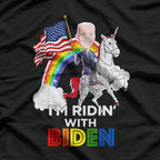 Ridin' with Biden American Flag and Rainbow Unicorn Fun T-Shirt