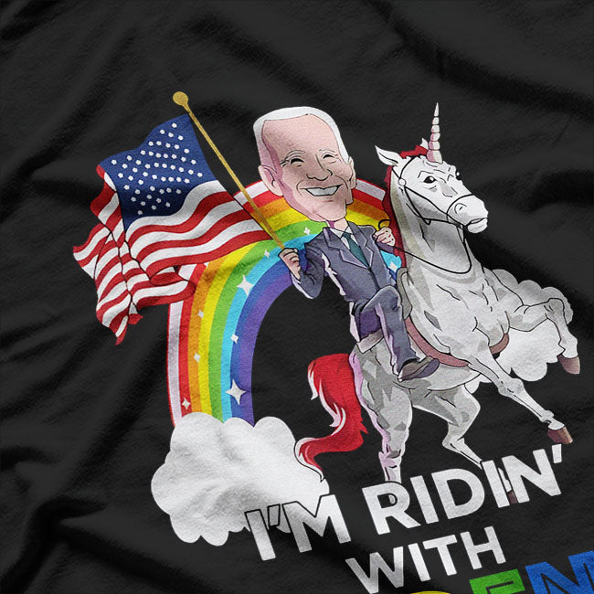 Ridin' with Biden American Flag and Rainbow Unicorn Fun T-Shirt