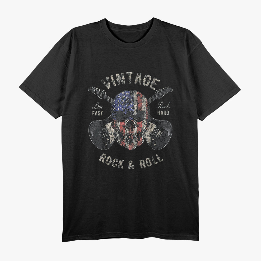 American Flag Guitar Vintage Rock and Roll Skull Guitarist T-Shirt