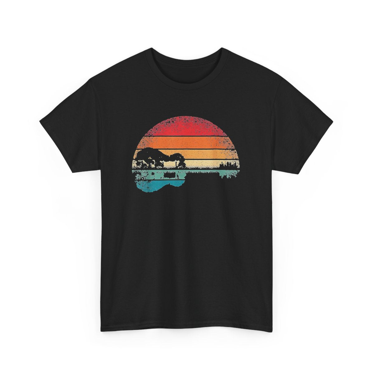 Retro Acoustic Guitar – Sunset Lake Silhouette Graphic T-Shirt