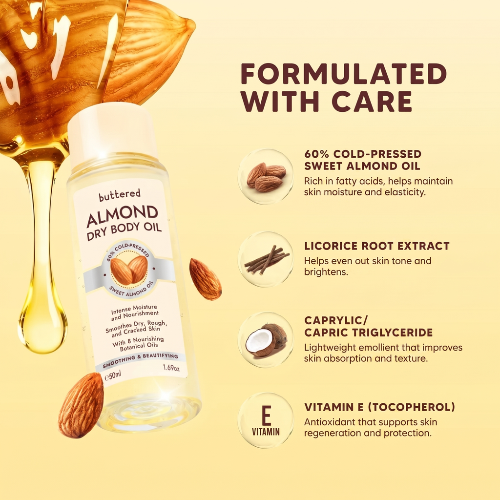 Buttered Almond Dry Body Oil 100ml | 60% Cold-Pressed Sweet Almond Oil, Vitamin E, Antioxidants & Stretch Mark Care
