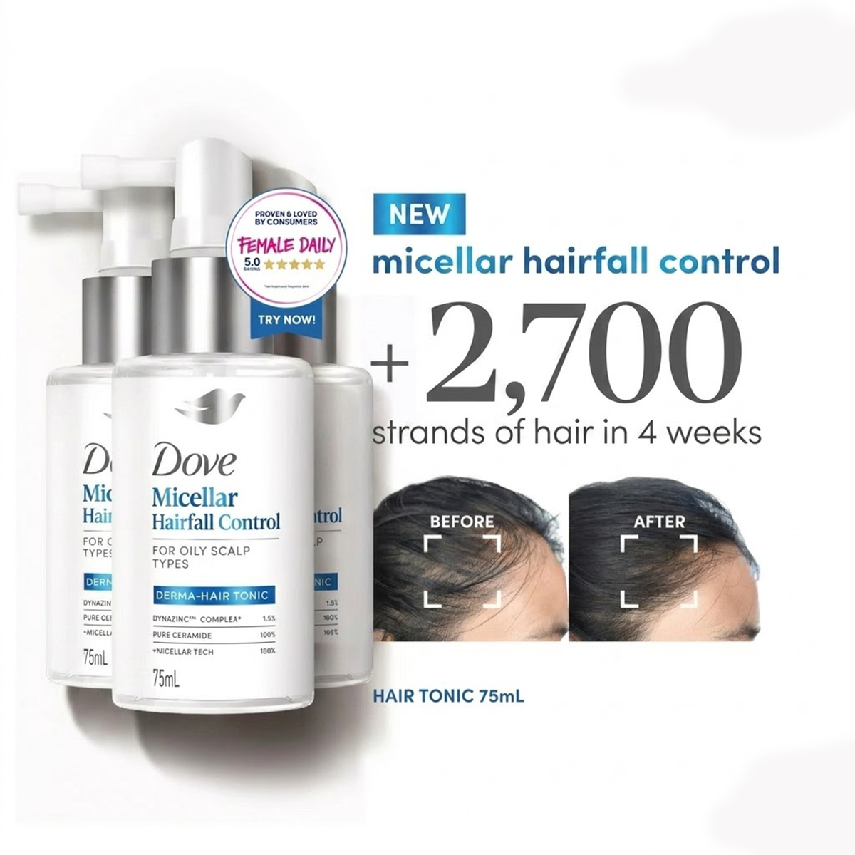 2x Dove Micellar Hairfall Control Hair Tonic 75ml Oily Scalp Hair Booster Care