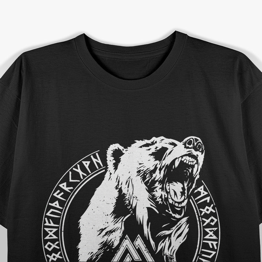 Berserker Bear Warrior: Odin's Fury, Runes, and the Valknut Symbol in Viking Lore T-Shirt