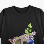 Blue Jay Bird - Birdhouse and Pink Blossoms - Bird Watching T-Shirt