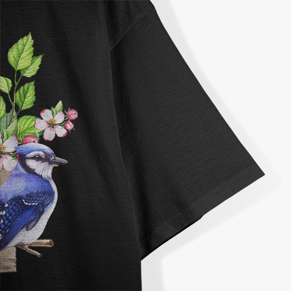 Blue Jay Bird - Birdhouse and Pink Blossoms - Bird Watching T-Shirt