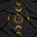 Boho Sun and Moon Celestial Crescent Moon Phases T-Shirt