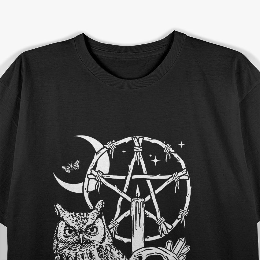 Wiccan Witch Owl, Candle, Moon, Skull, and Pentacle Magic T-Shirt