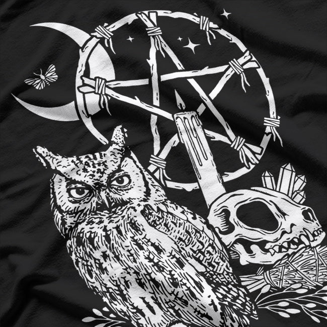 Wiccan Witch Owl, Candle, Moon, Skull, and Pentacle Magic T-Shirt