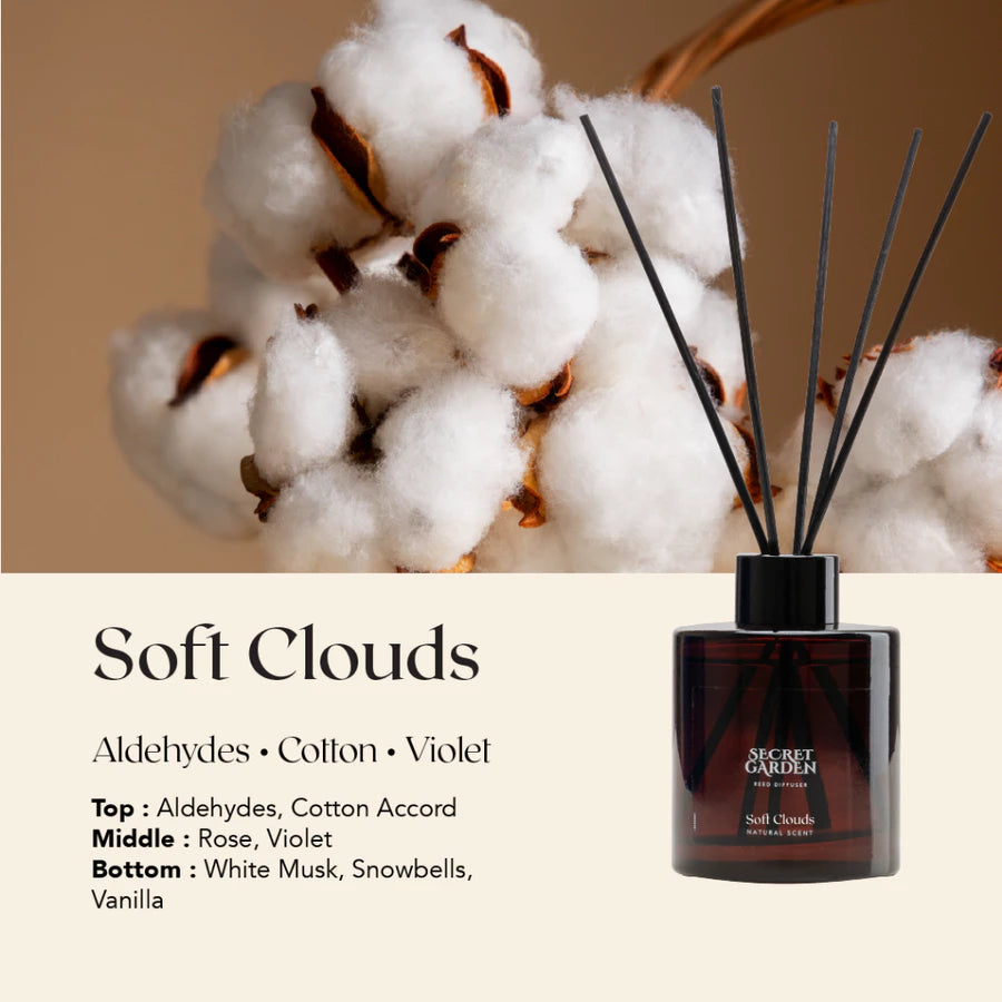 Secret Garden Soft Clouds Reed Diffuser 140ml – Aromatherapy Home Fragrance Diffuser