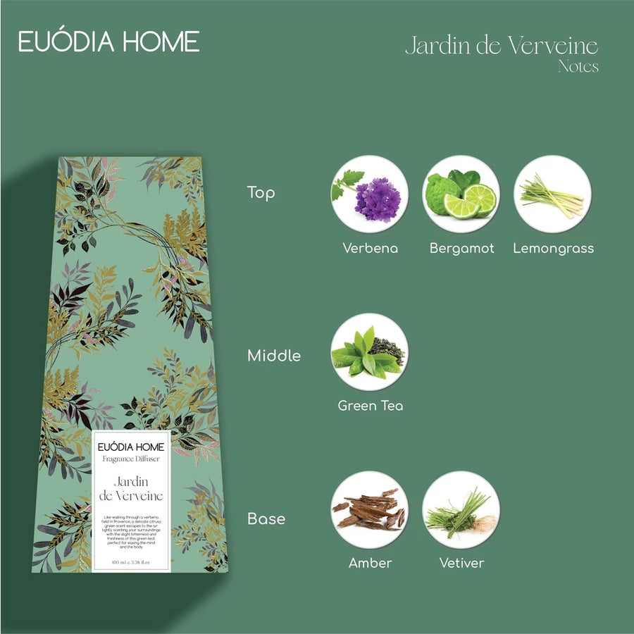 Euodia Home Jardin De Verveine Reed Diffuser 100ml – Aromatherapy Home Fragrance Diffuser