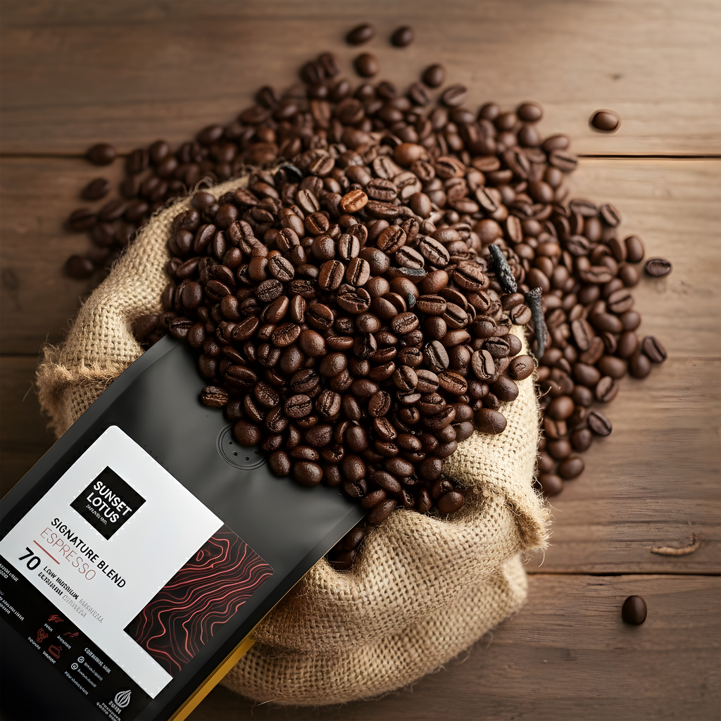 Sunset Lotus Signature Blend Coffee 1kg – 70% Arabica Espresso Blend for Milk Coffee