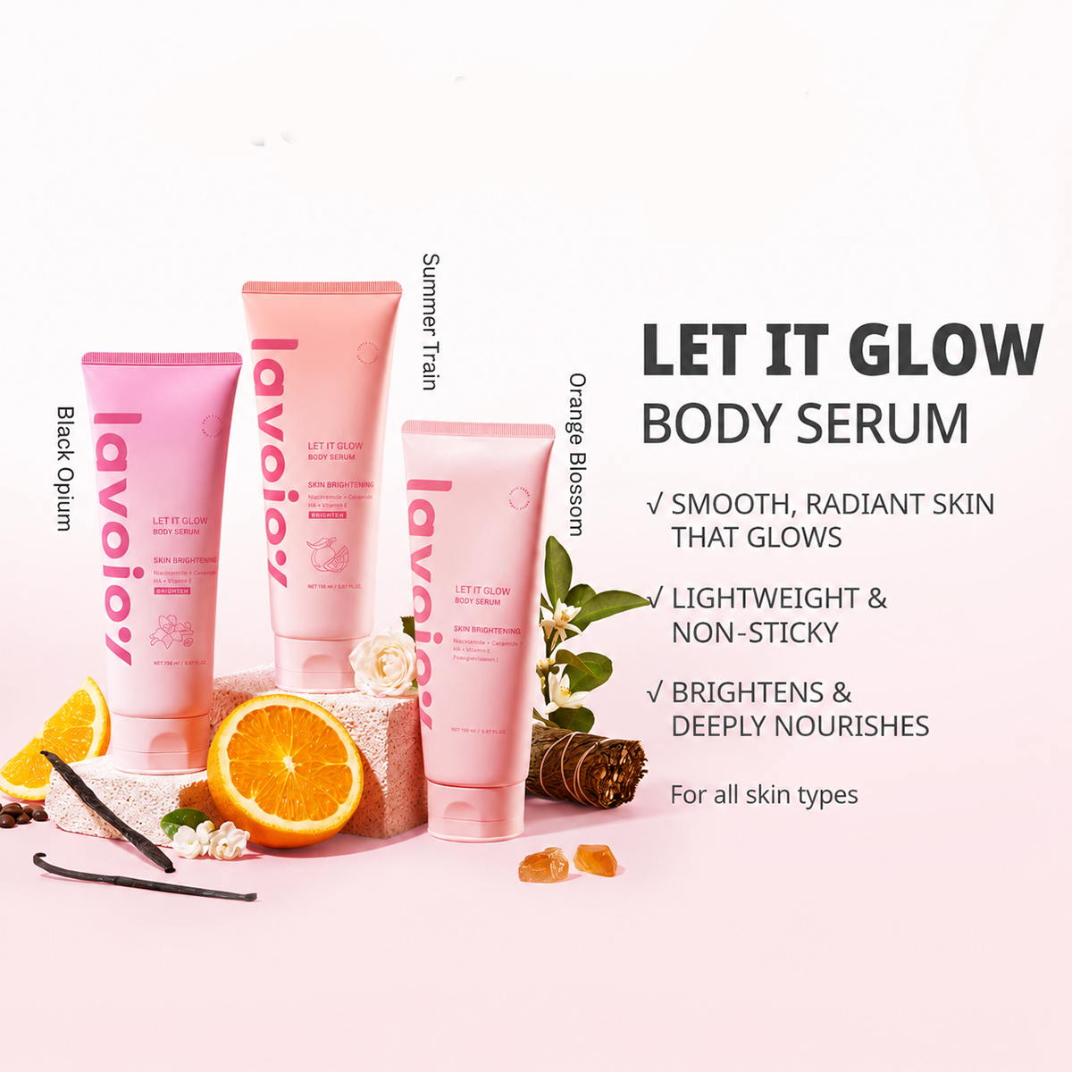 2 Pcs Lavojoy Let It Glow Black Opium Body Serum Brightening Moisturizing Lot