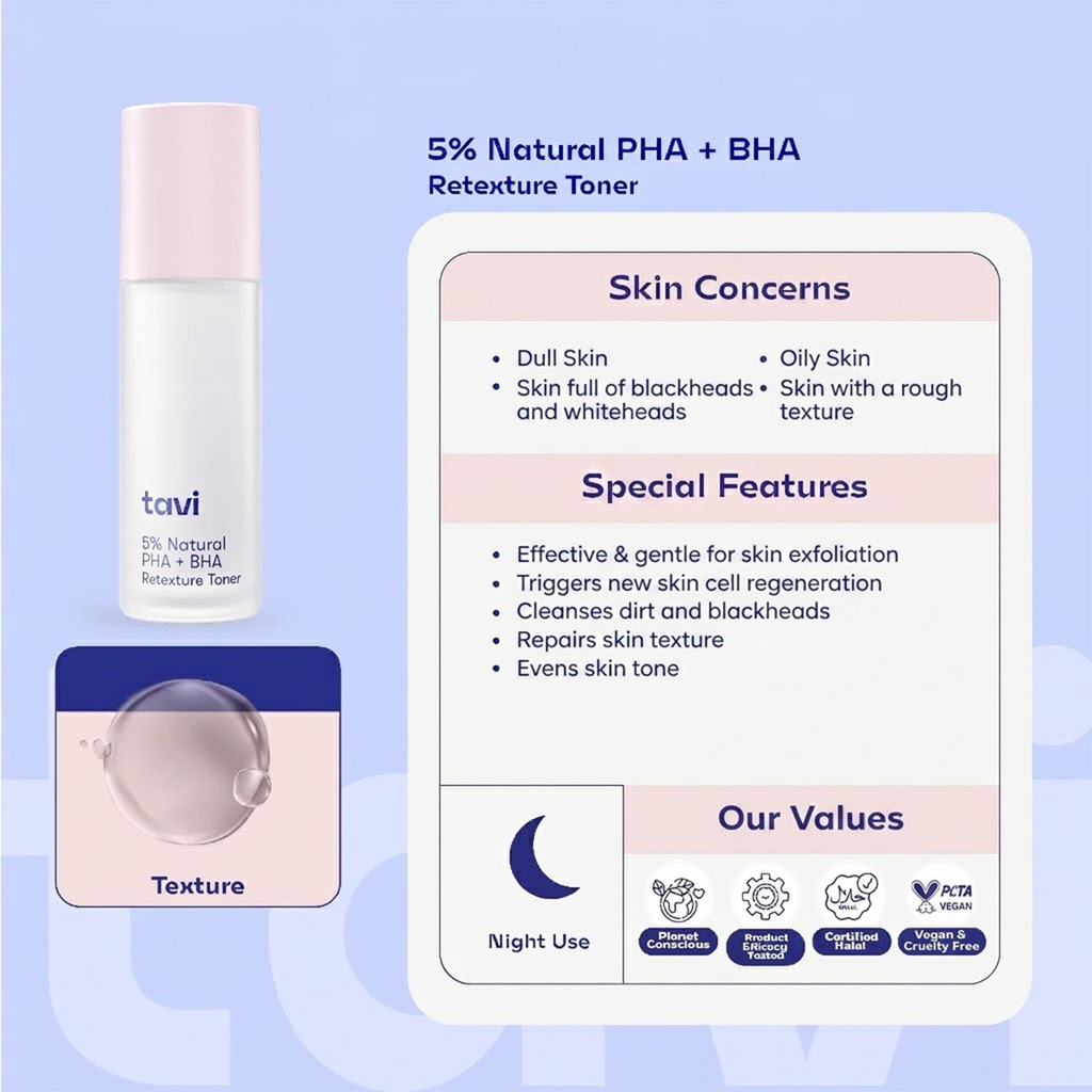 TAVI 5% Natural PHA+BHA Retexture Toner 100ml Exfoliating Facial Toner