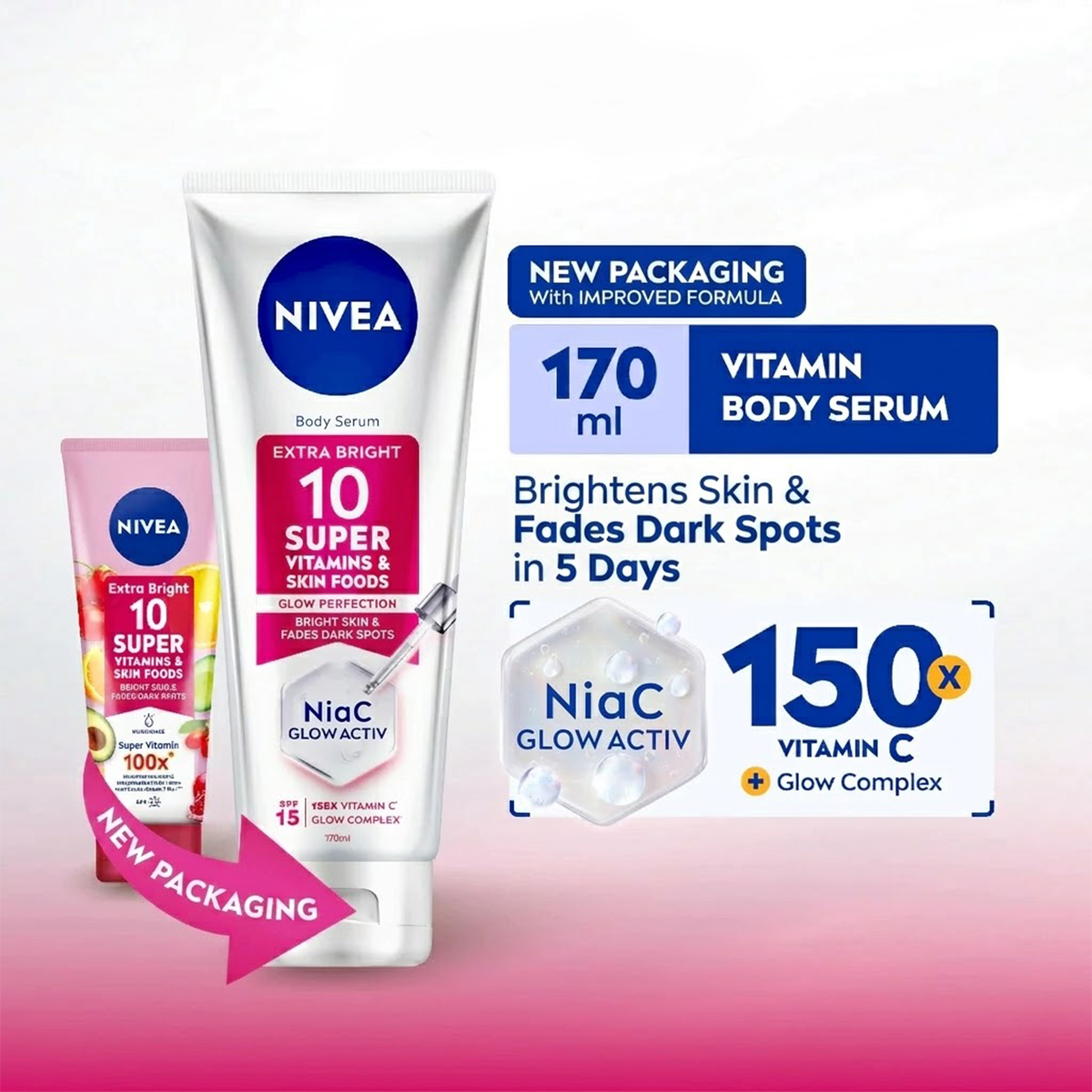 3 Pcs NIVEA Extra Bright 10 Super Vitamins Body Serum SPF15 170ml