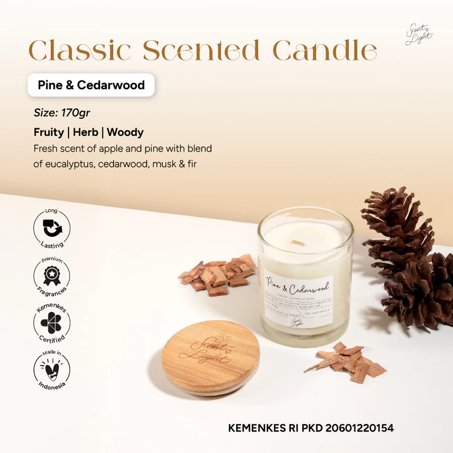 Scent & Light - Classic Scented Candle Pine & Cedarwood 170g – Soy Candle with Wooden Lid