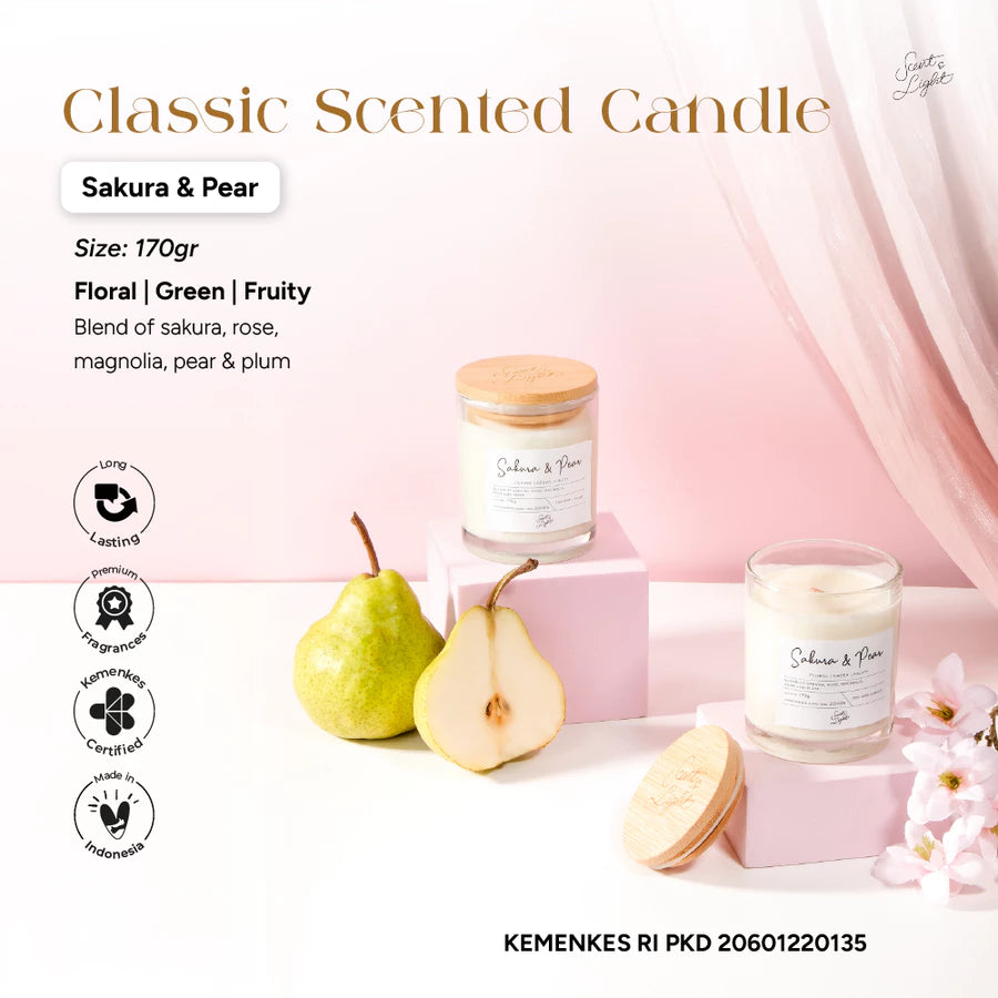 Scent & Light - Classic Scented Candle Sakura & Pear 170g – Soy Candle with Wooden Lid
