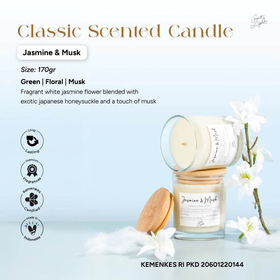 Scent & Light - Classic Scented Candle Jasmine & Musk 170g – Soy Candle with Wooden Lid