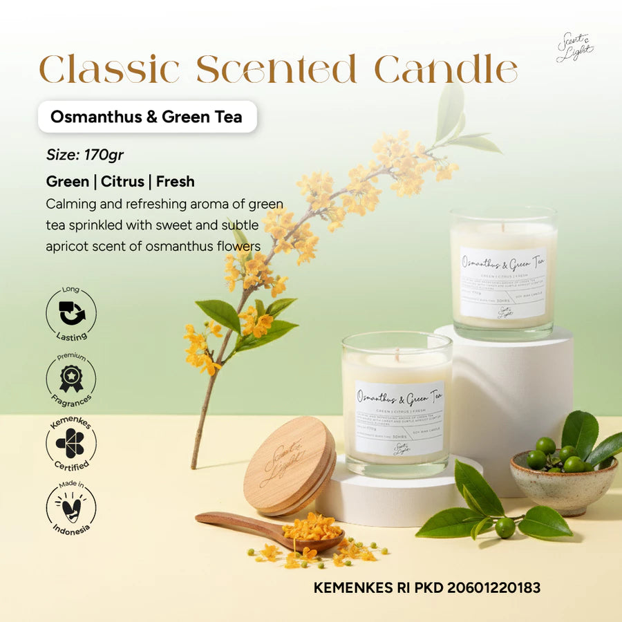 Scent & Light - Classic Scented Candle Osmanthus & Green Tea 170g – Soy Candle with Wooden Lid