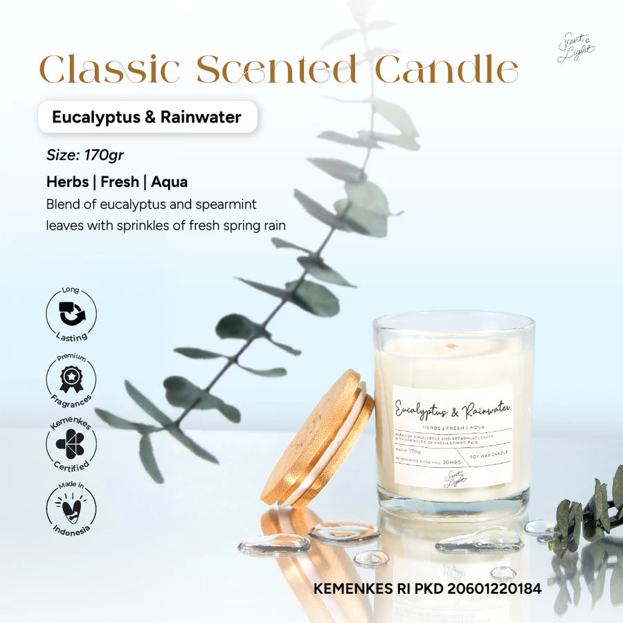 Scent & Light - Classic Scented Candle Eucalyptus & Rainwater 170g – Soy Candle with Wooden Lid