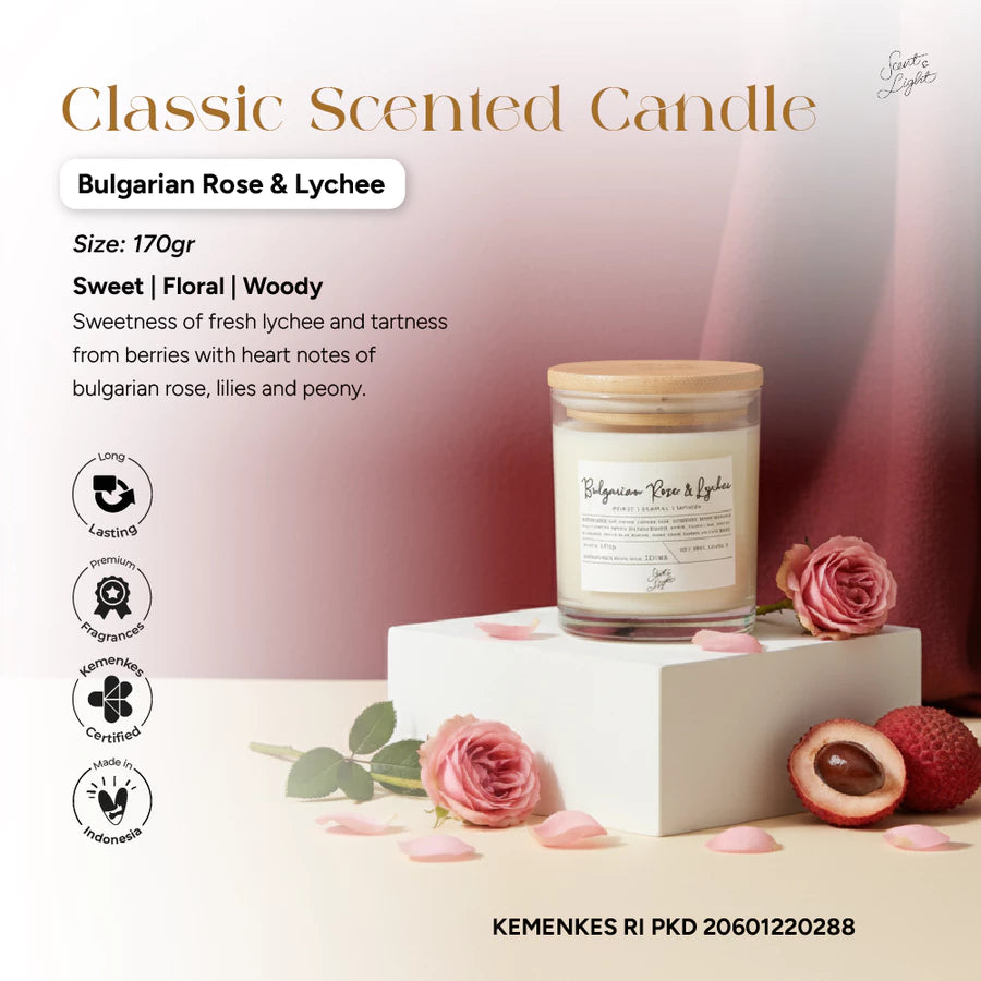 Scent & Light - Classic Scented Candle Bulgarian Rose & Lychee 170g – Soy Candle with Wooden Lid