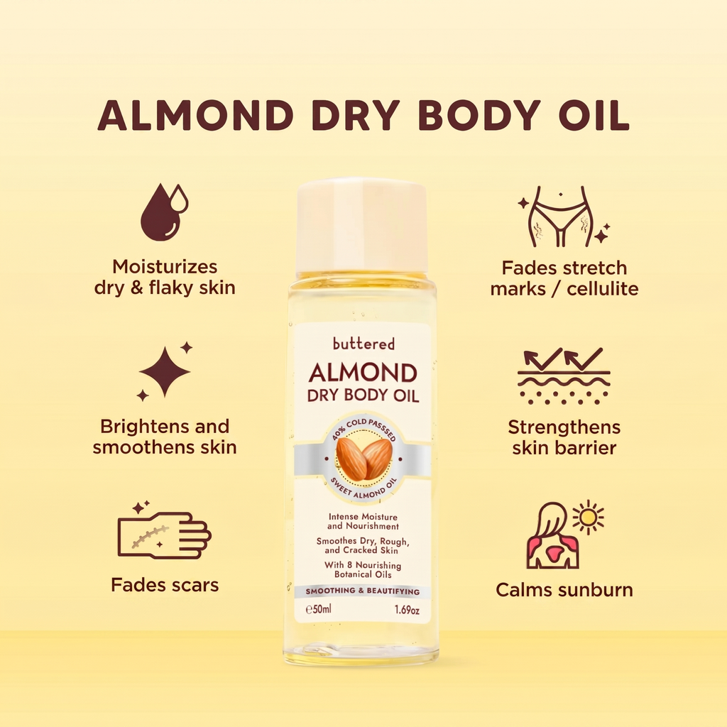 Buttered Almond Dry Body Oil 100ml | 60% Cold-Pressed Sweet Almond Oil, Vitamin E, Antioxidants & Stretch Mark Care