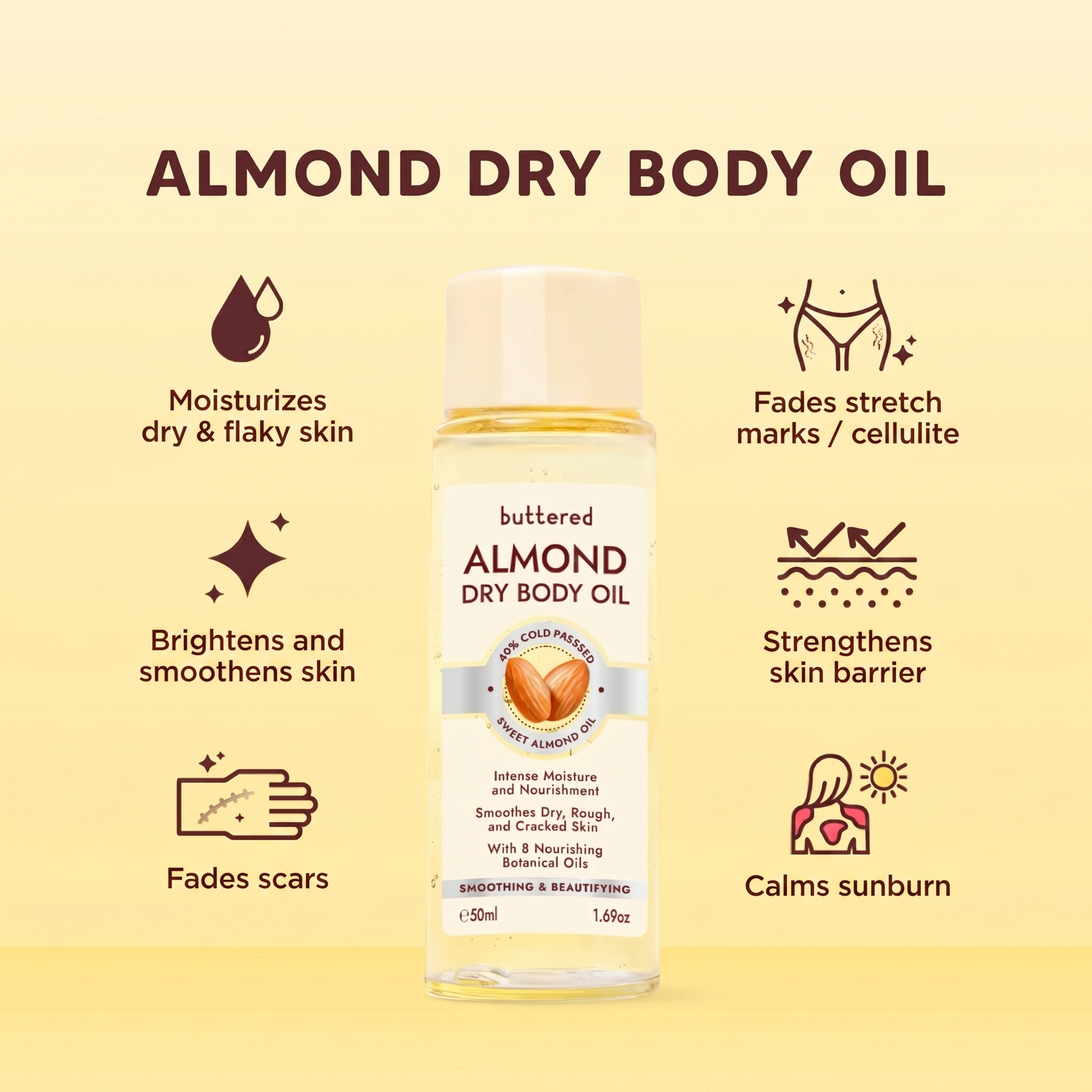 Buttered Almond Dry Body Oil 100ml | 60% Cold-Pressed Sweet Almond Oil, Vitamin E, Antioxidants & Stretch Mark Care