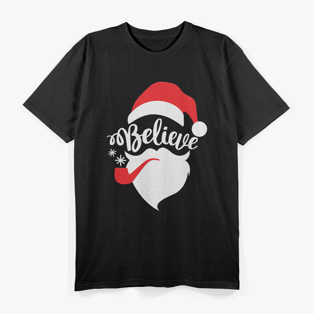 Believe Quote Santa Hat Mustache Family Reunion Christmas T-Shirt