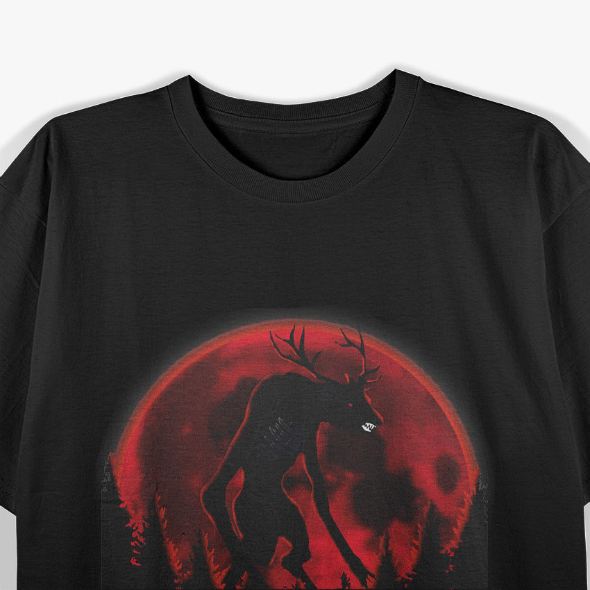 Red Moon in a Ghost Forest Wendigo Folklore T-Shirt