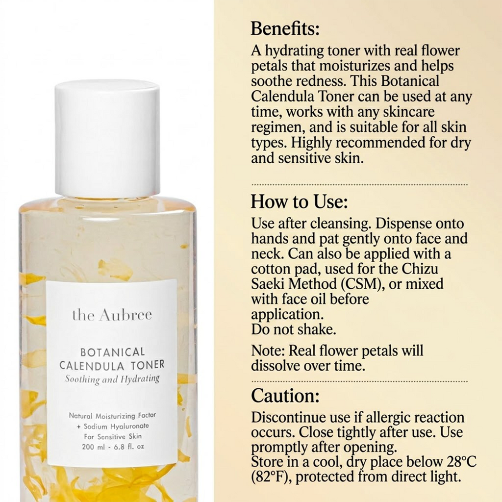 The Aubree Botanical Calendula Toner 200ml Hydrating Soothing Facial Toner