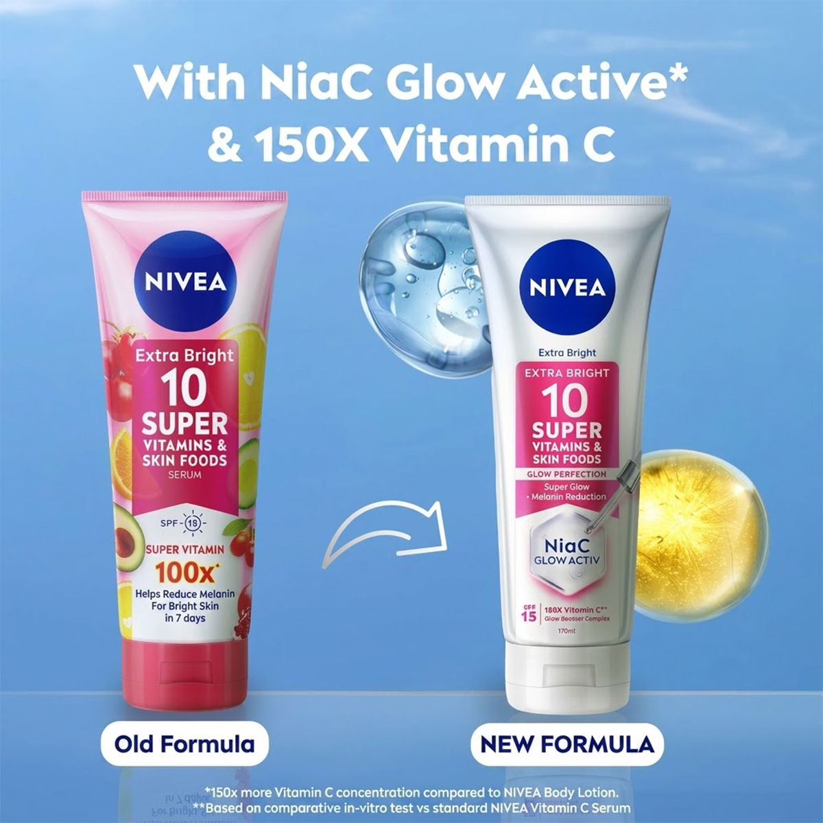3 Pcs NIVEA Extra Bright 10 Super Vitamins Body Serum SPF15 170ml