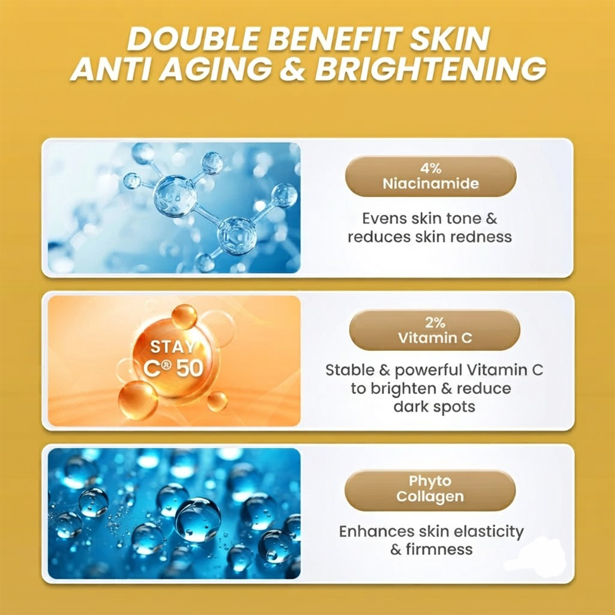 3Pcs Hanasui Whitening Gold Serum 4% Niacinamide 2% Vitamin C Brightening Anti-Aging