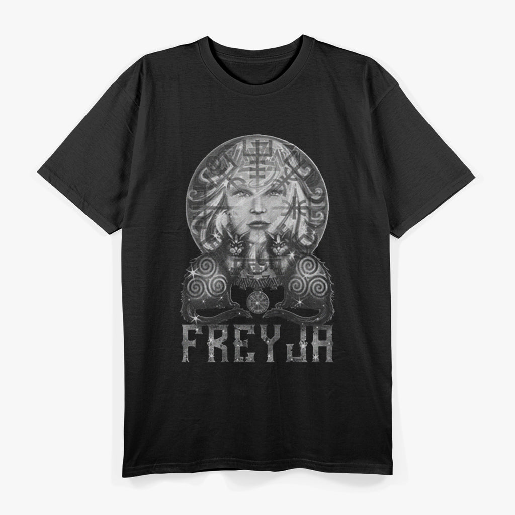 Freyja Norse Goddess with Cats and Sacred Symbols T-Shirt
