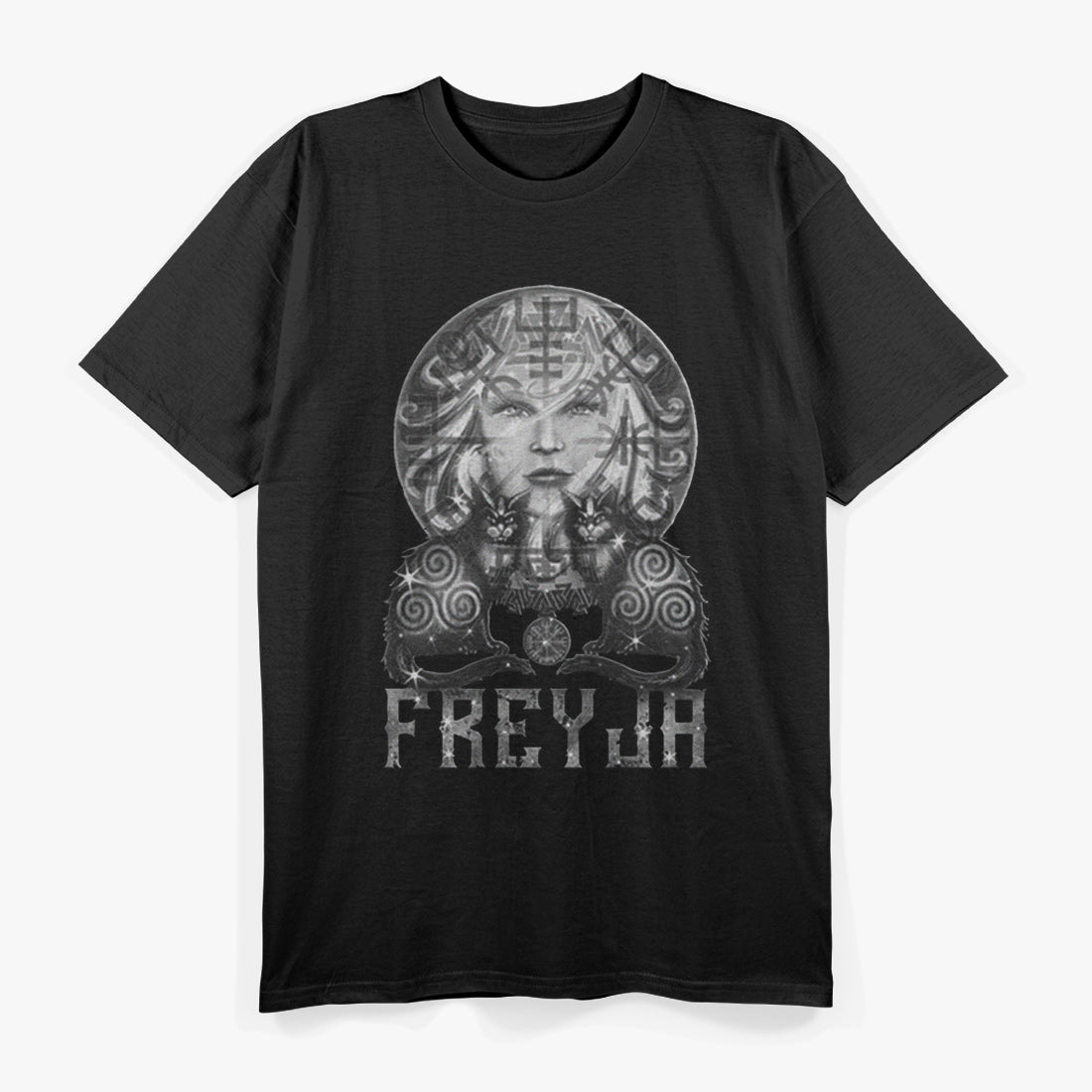 Freyja Norse Goddess with Cats and Sacred Symbols T-Shirt
