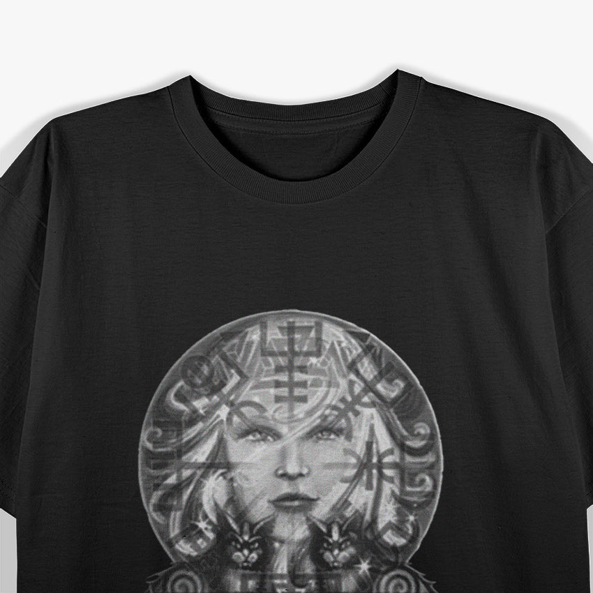 Freyja Norse Goddess with Cats and Sacred Symbols T-Shirt