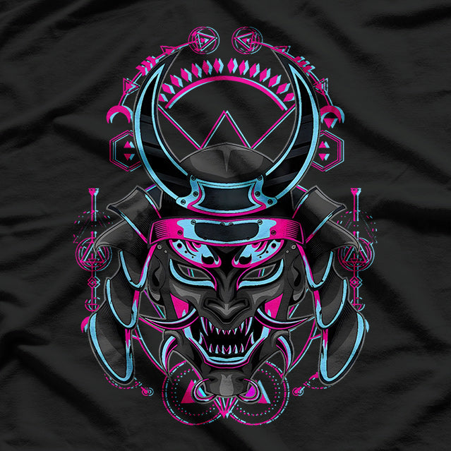 Japanese Demon Samurai - Oni Face Mask with Glitch Art Effect T-Shirt