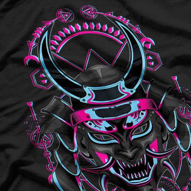Japanese Demon Samurai - Oni Face Mask with Glitch Art Effect T-Shirt