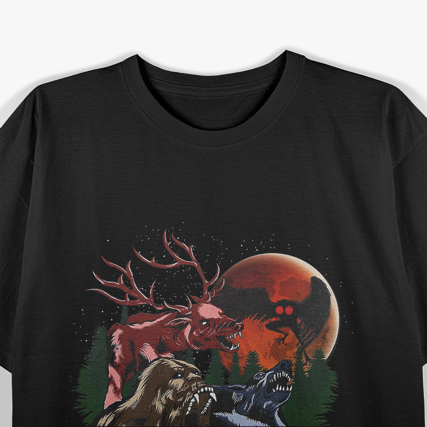 Three Cryptid Moon: Sasquatch, Dogman, Wendigo, and Mothman T-Shirt