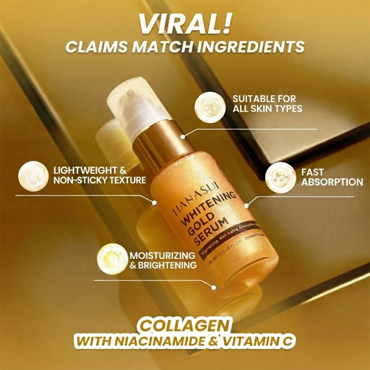 3Pcs Hanasui Whitening Gold Serum 4% Niacinamide 2% Vitamin C Brightening Anti-Aging